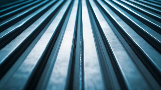 Metal strips forming an abstract textured background with parallel lines, reflecting light and creating a striking pattern for industrial and design concepts