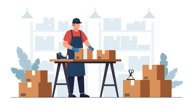 Warehouse worker packing boxes, logistics and delivery, e-commerce fulfillment center