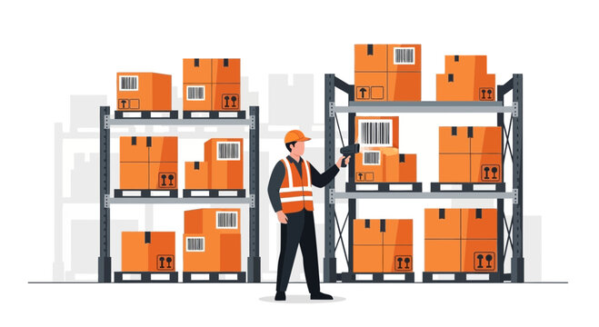 Warehouse worker with scanner checking boxes on shelves, logistics and inventory management
