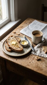 Rustic Morning Breakfast with Sourdough Toast, Butter Dish and Coffee Mug on Wooden Table, Linen Napkin and Newspaper, Soft Natural Window Light, No People, Cozy Slow Living Aesthetic, Vertical