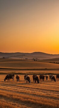 Herd of dairy cows grazing on golden harvested field at sunset with rolling hills and warm evening sky, pastoral countryside agriculture landscape with livestock feeding 