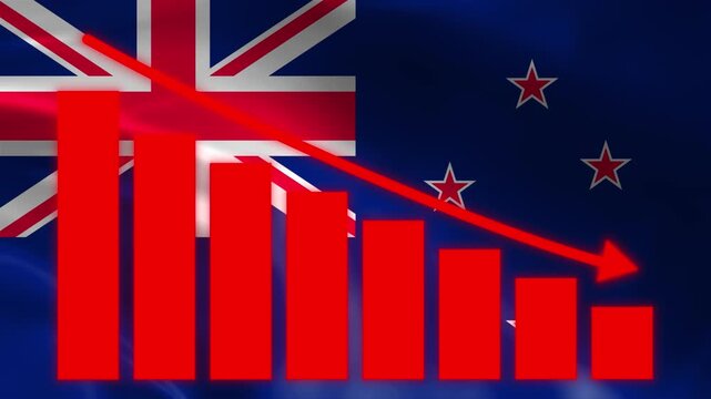 Economic Decline in New Zealand: A visual representation of New Zealand's economic downturn, featuring a descending bar chart and downward arrow superimposed on the nation's flag.