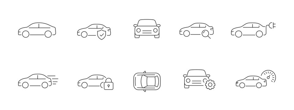 Minimal line icons of cars showing insurance, protection, front view, search, charging, speed, locked vehicle, top view, maintenance and eco driving