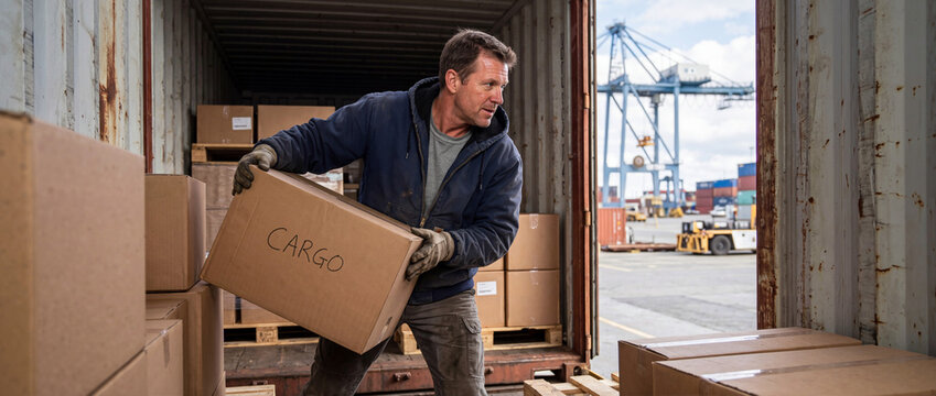 Worker carrying a cardboard box inside a shipping container. Adult male manual laborer loading cargo at an industrial port. Logistics and freight transport