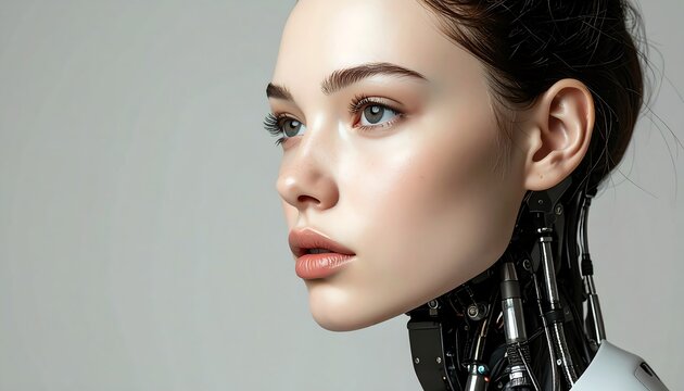 Futuristic female android with detailed neck mechanics