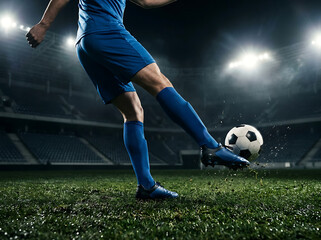 Fototapeta premium Soccer player kicking ball on field during night game with stadium lights