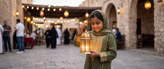 Obraz premium Smiling Muslim girl holding glowing lantern in traditional courtyard. Happy child celebrating Ramadan with lit fanous at dusk