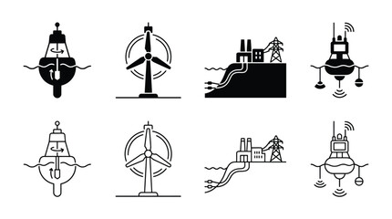 Set of renewable energy and marine technology icons collection of vector illustrations representing ocean power, wind turbines, power plants, and maritime monitoring buoys © PixelAura_Studio