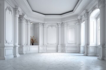 Fototapeta premium Bright white classic room with columns and ornate decorations. Perfect for architectural renders or background with elegant style.