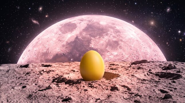 A surreal scene featuring a single yellow egg resting in a crater on the lunar surface against a backdrop of a large, pinkish moon and a starry deep space sky