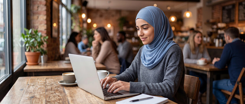Young Muslim woman wearing a hijab working on a laptop in a cafe. Smiling female student typing on a computer at a wooden table with coffee