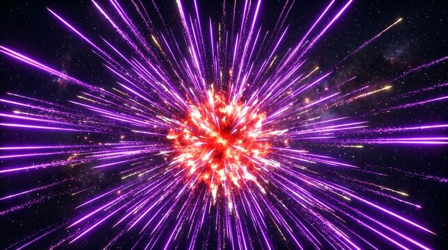 Abstract purple light streaks radiating from a glowing red center.