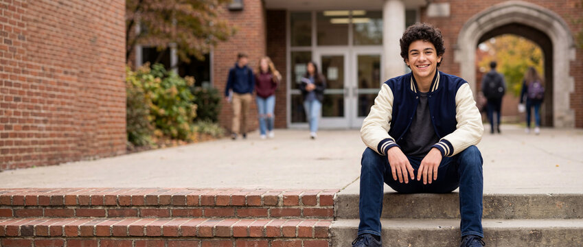 Smiling teenage boy sitting on campus steps in varsity jacket. Confident male high school student outside brick building. Education and back to school concept