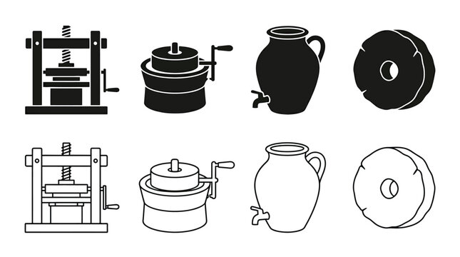Set of icons related to winemaking, olive oil production and traditional food processing, including wine press, millstone, ceramic jar with tap and stone wheel