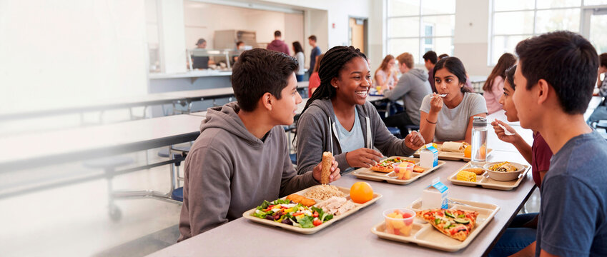 Diverse group of high school students eating lunch in the cafeteria. Happy teenagers talking and laughing at a table. School socialization concept