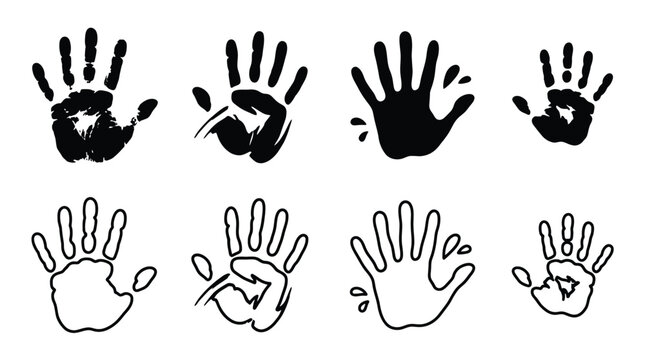 Set of hand prints, black silhouettes and outlines, human palm and finger marks, vector illustration