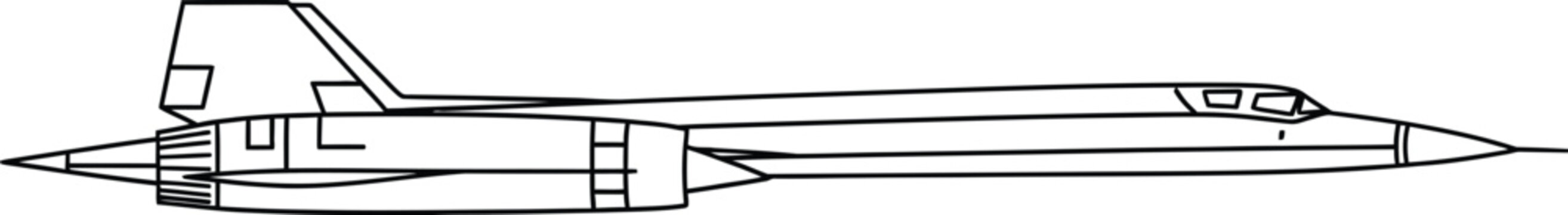 Side view of a fighter jet, black line on white background, airplane aircraft military