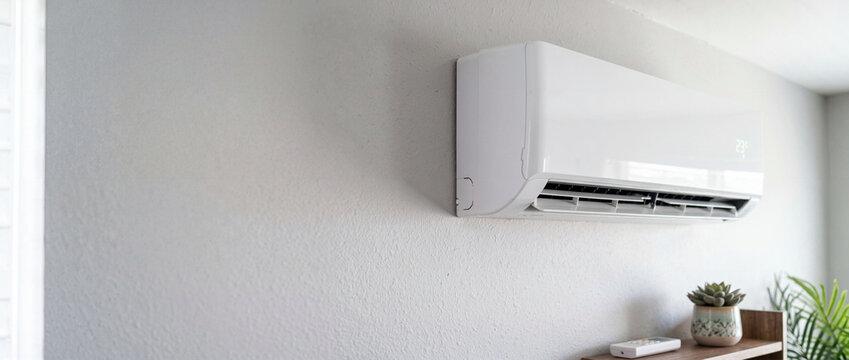 White wall mounted air conditioner with digital display showing 23 degrees Celsius. Wooden shelf with remote control and potted plant. Home climate control system