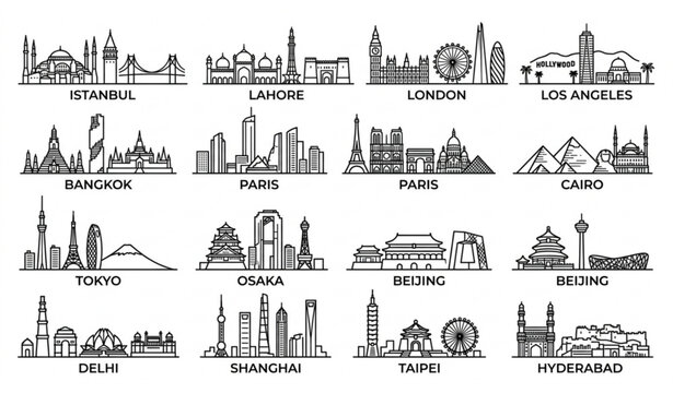 Minimalist Megacities Skyline Vector Icons Set Featuring Famous World City Landmarks