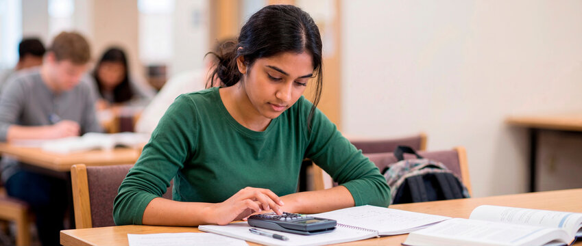 Focused young Indian female student using a calculator in a library. South Asian woman studying math at a desk with notebooks and textbooks. Higher education and academic learning concept