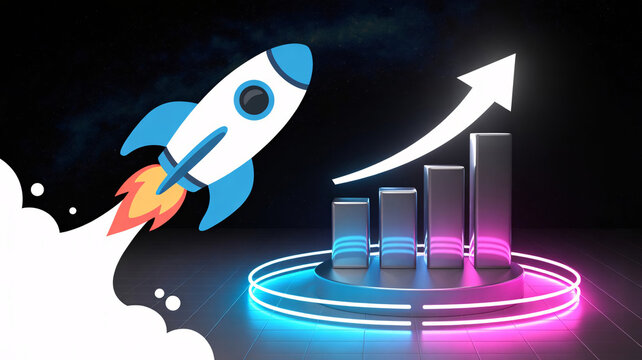 Rocket, business growth, finance graph, neon lights, success concept