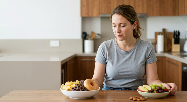 Woman choosing between fatty snacks and fresh fruit in kitchen. Healthy diet and nutrition concept
