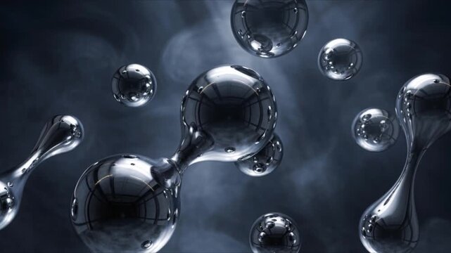 Liquid chrome droplets floating and morphing slowly with dynamic mirror reflections in a dark atmospheric scene