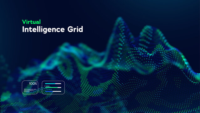 Abstract Digital Landscape With Futuristic Particle Waves And Glowing Data Grid. Virtual Intelligence Networks And Cyber Technology Background Vector Illustration.