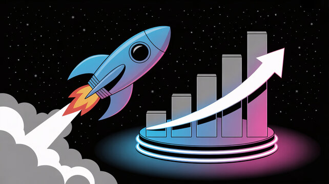 Rocket ship blasting off, business growth chart, success finance graph, upward trend