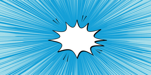 Large comic book style explosion bubble with stars and action lines stands out against a red radial sunburst background pattern. © Putra Ibrahim