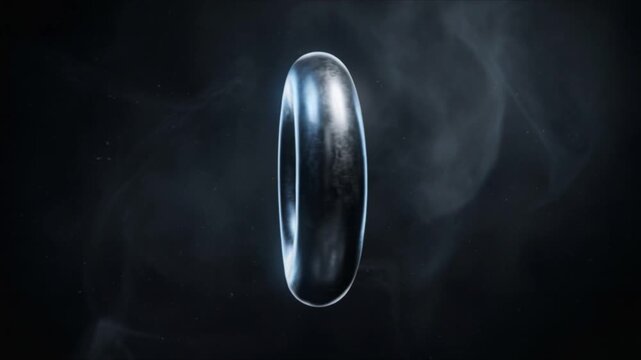 Metallic torus rotating slowly in a dark void with gliding rim light and drifting atmospheric haze in cinematic orbit