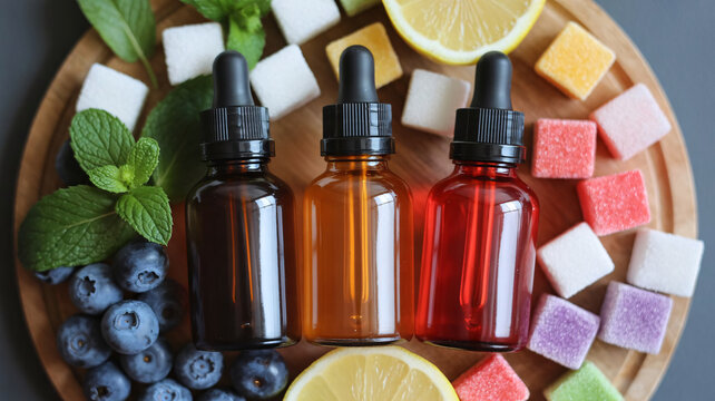 Vibrant liquid extracts, flavored oils, colorful gummies, and fresh fruits on wooden plate