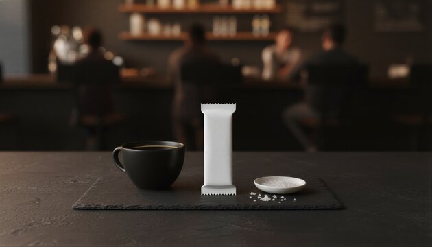 White gourmet snack bar on a dark slate table with black coffee in a moody cafe (1)
