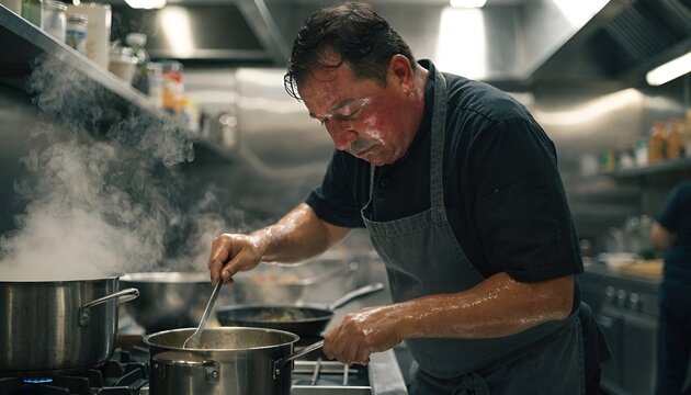 Sweaty Chef Cooking in Busy Restaurant Kitchen