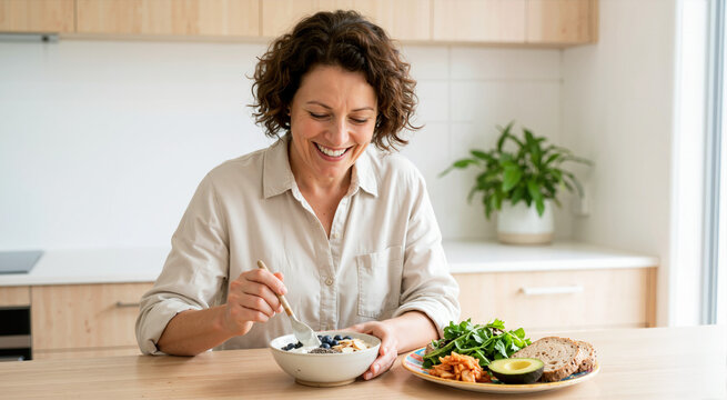 Smiling woman eating a healthy yogurt bowl with blueberries at a kitchen table. Nutritious meal with avocado and fermented foods for gut health