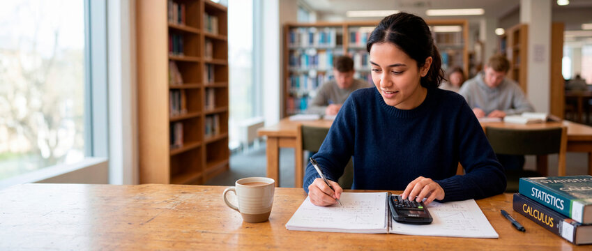 Female university student studying math in the library. Young woman writing in a notebook and using a calculator at a desk. Higher education concept