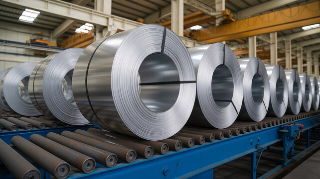 Industrial metal coils, steel rolls, factory production line, manufacturing process, heavy industry
