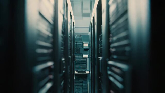 Server racks stretch down a data center corridor, highlighting modern it infrastructure, high density computing and secure cloud, storage and networking operations