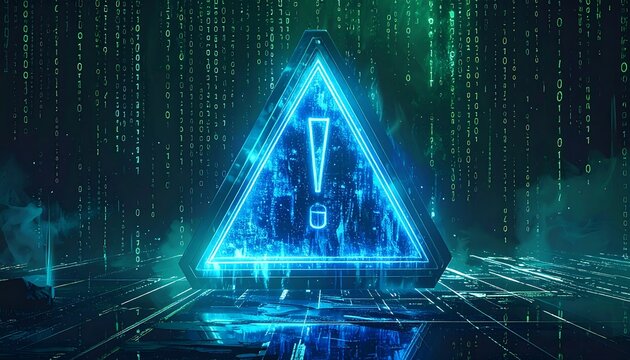 Glowing caution sign in digital matrix background