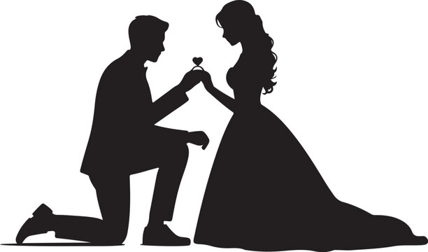 Silhouette of a man proposing to a woman with a heartshaped engagement ring