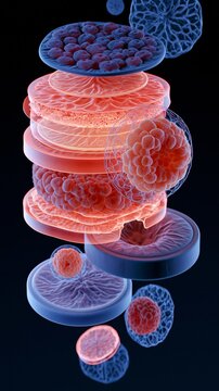 Isometric closeup 3D render showing taste buds affected by glossitis with layered anatomy parts gently floating and rim lit in cool blue and red hues emphasizing inflammation in