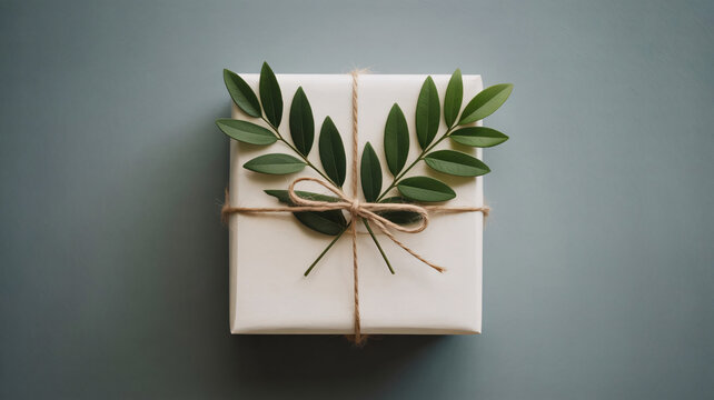 Gift wrapping, present box, green leaves, twine bow, elegant packaging