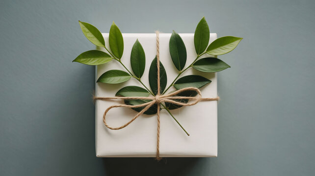 Gift wrapping, white present box, twine bow, green leaves, minimalist packaging