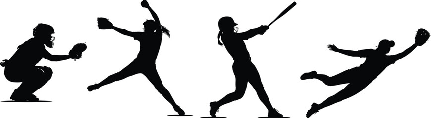 A high contrast black and white baseball silhouette collection featuring female softball players pitching batting catching and diving © tajwar