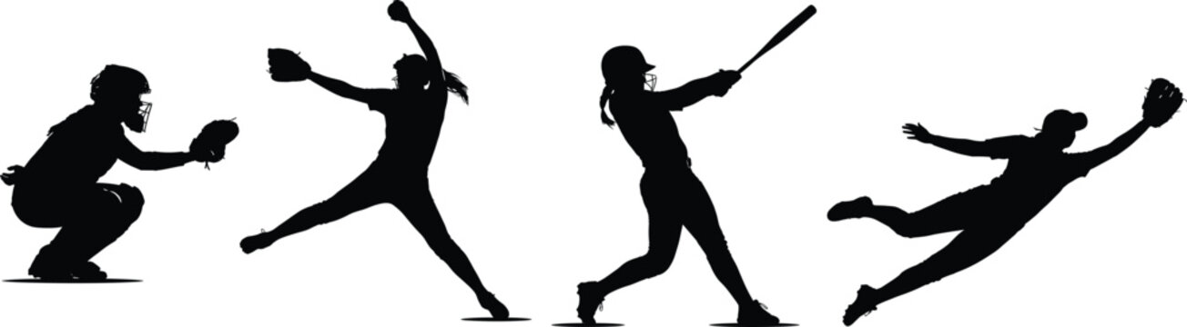 A high contrast black and white baseball silhouette collection featuring female softball players pitching batting catching and diving