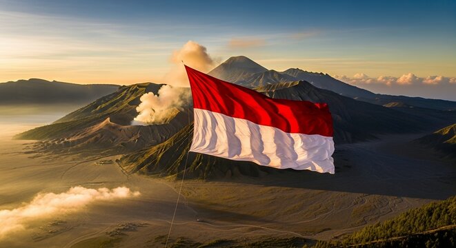 Indonesian flag waving over volcanic landscape at sunrise.