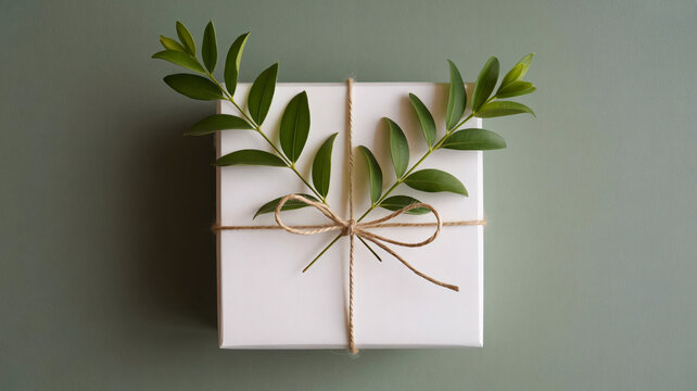 Gift wrapping, white present, tied with twine, green leaves, decorative package