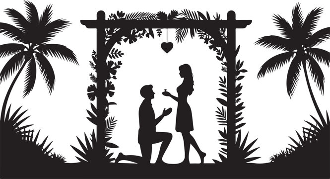 Silhouette of a man proposing to a woman under a tropical floral arch with palm trees, romantic marriage proposal scene on a beach, vector illustration