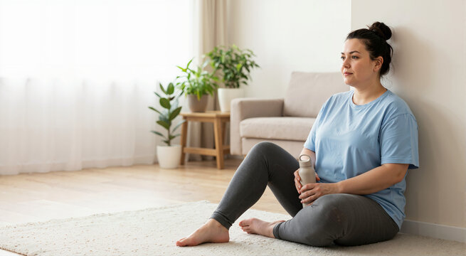 Woman sitting on floor with water bottle. Weight loss and fitness lifestyle concept