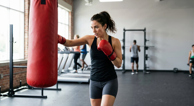 Focused woman punching heavy bag in gym. Intense cardio boxing workout for strength and weight loss